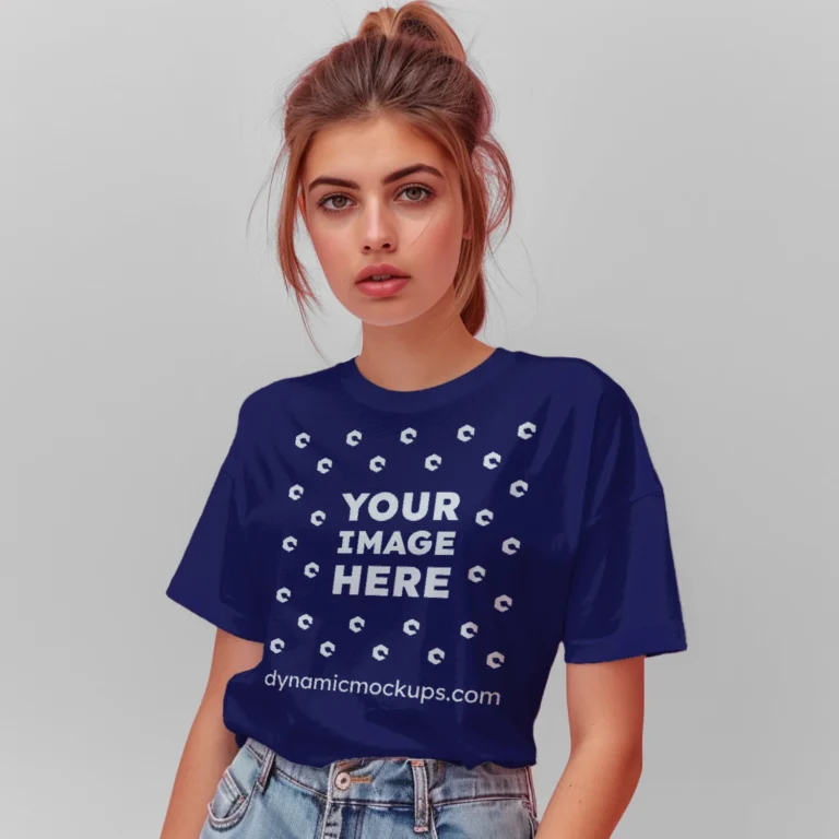 Woman Wearing Navy Blue T-shirt Mockup Front View Template