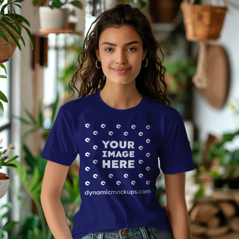 Woman Wearing Navy Blue T-shirt Mockup Front View Template