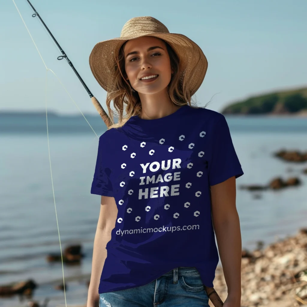 Woman Wearing Navy Blue T-shirt Mockup Front View Template