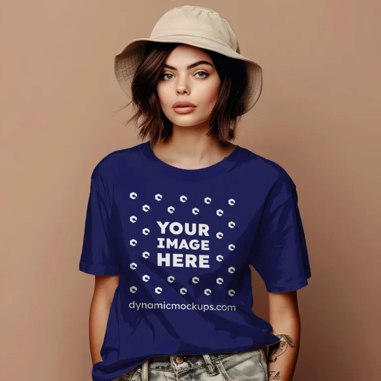 Woman Wearing Navy Blue T-shirt Mockup Front View Template