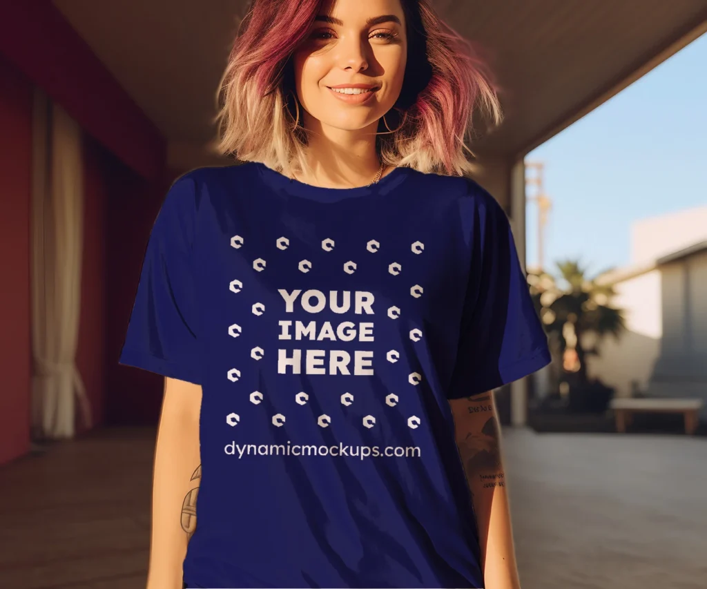 Woman Wearing Navy Blue T-shirt Mockup Front View Template