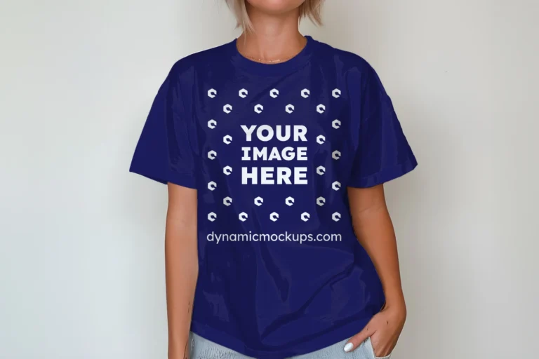 Woman Wearing Navy Blue T-shirt Mockup Front View Template