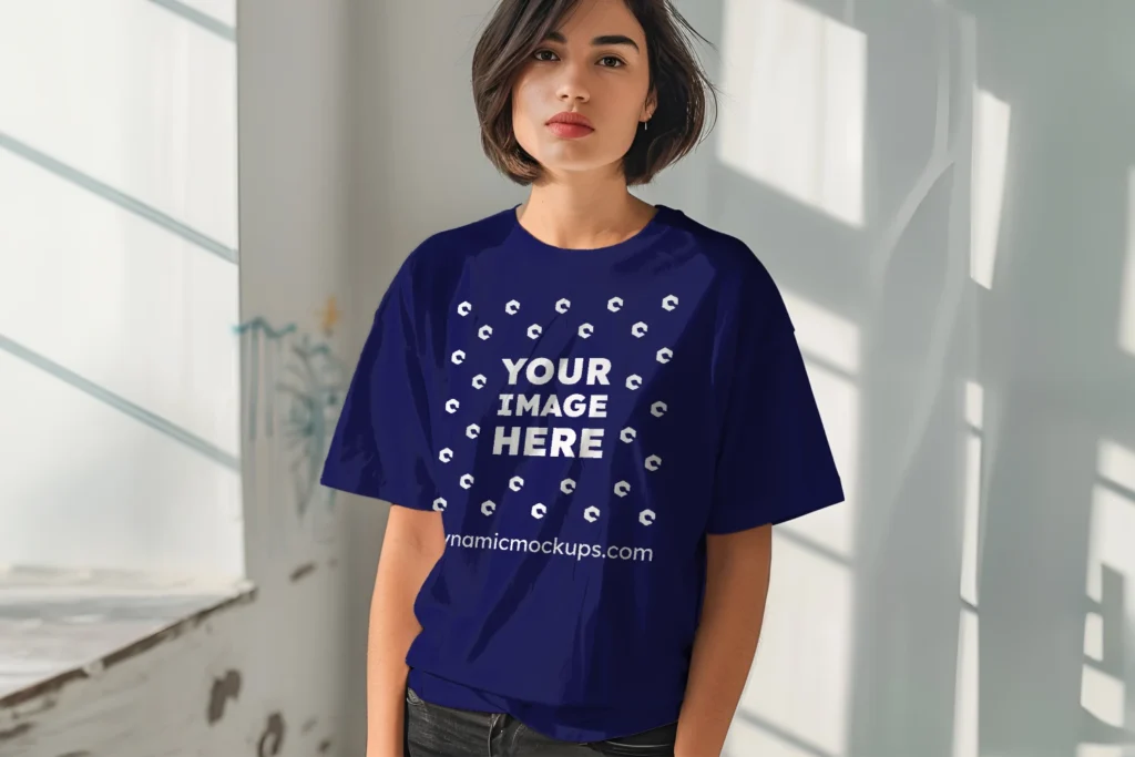 Woman Wearing Navy Blue T-shirt Mockup Front View Template