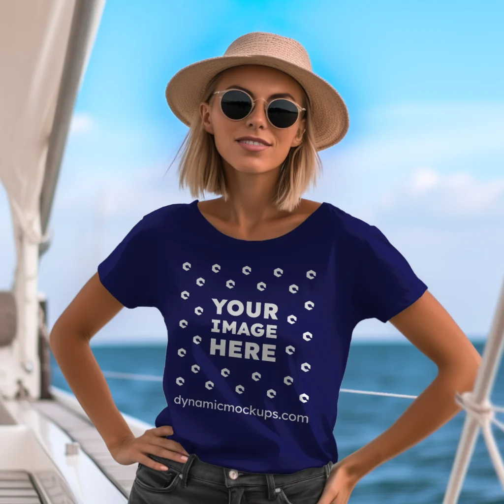 Woman Wearing Navy Blue T-shirt Mockup Front View Template