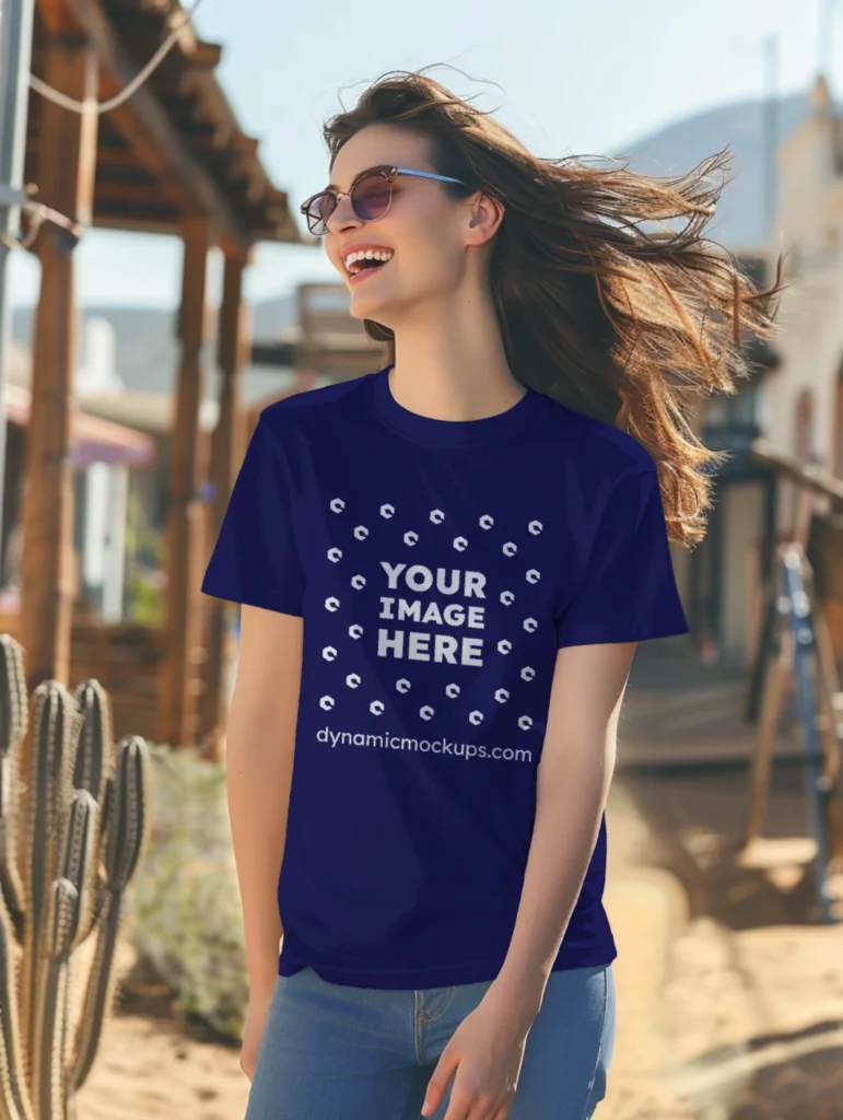 Woman Wearing Navy Blue T-shirt Mockup Front View Template