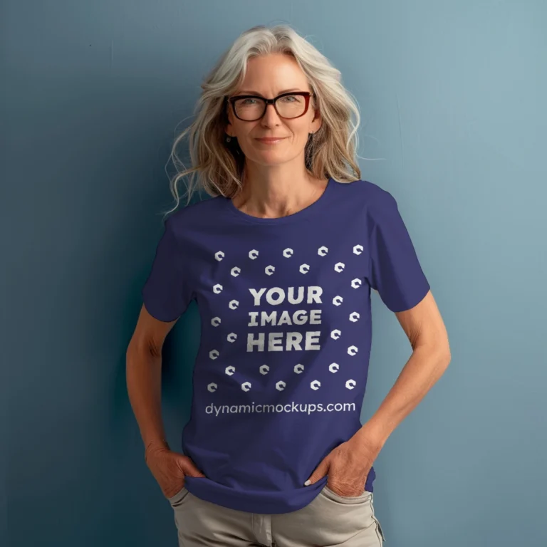 Woman Wearing Navy Blue T-shirt Mockup Front View Template