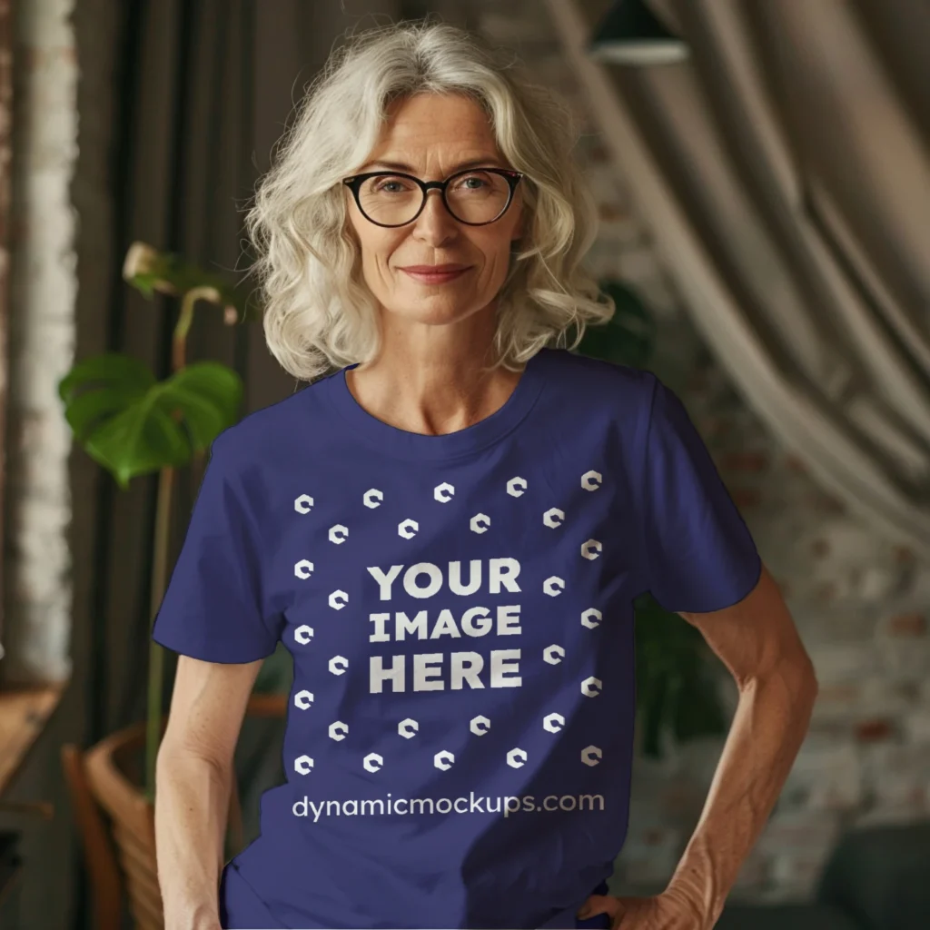 Woman Wearing Navy Blue T-shirt Mockup Front View Template