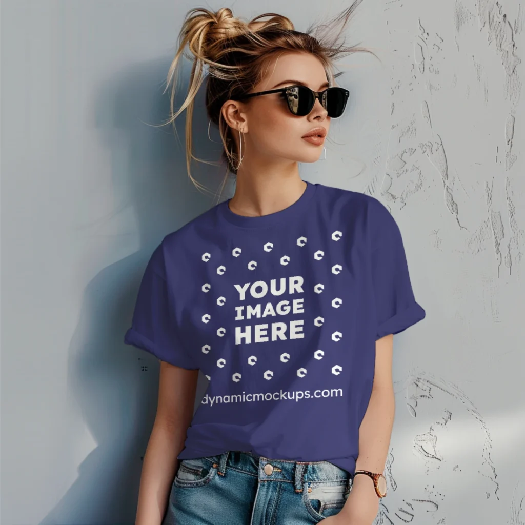 Woman Wearing Navy Blue T-shirt Mockup Front View Template