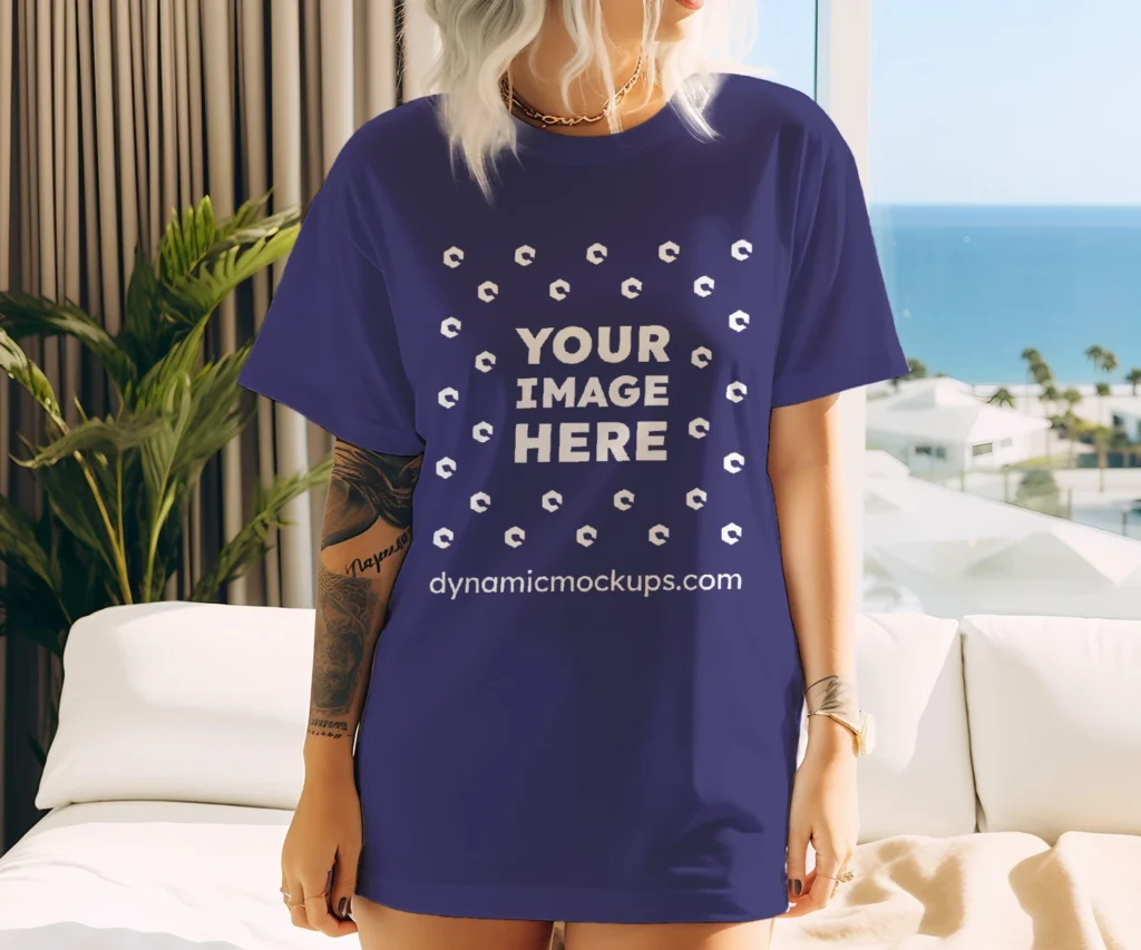 Woman Wearing Navy Blue T-shirt Mockup Front View Template