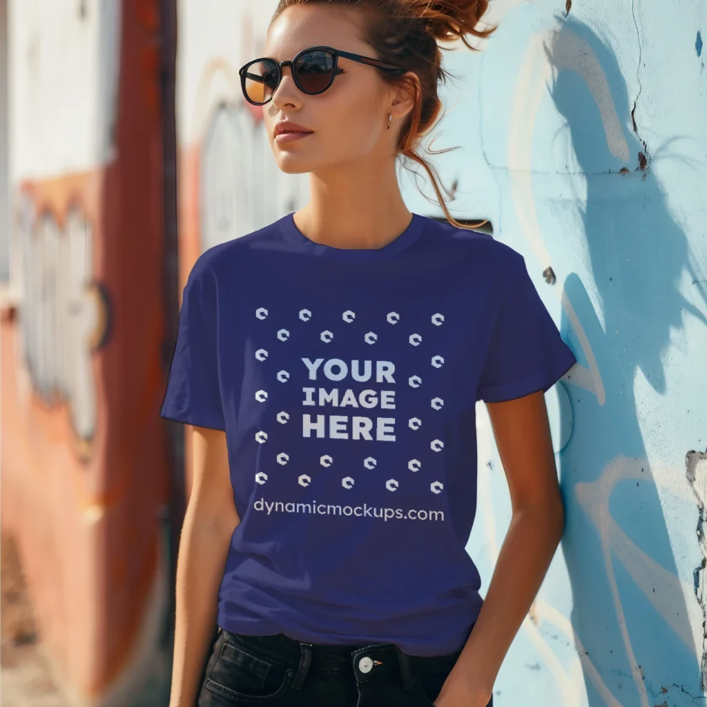 Woman Wearing Navy Blue T-shirt Mockup Front View Template