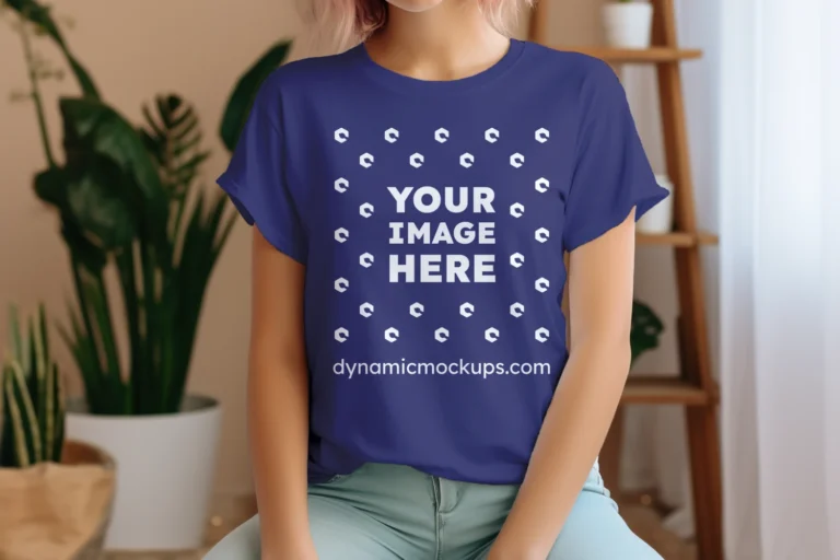 Woman Wearing Navy Blue T-shirt Mockup Front View Template