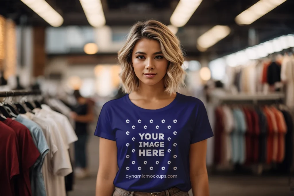 Woman Wearing Navy Blue T-shirt Mockup Front View Template