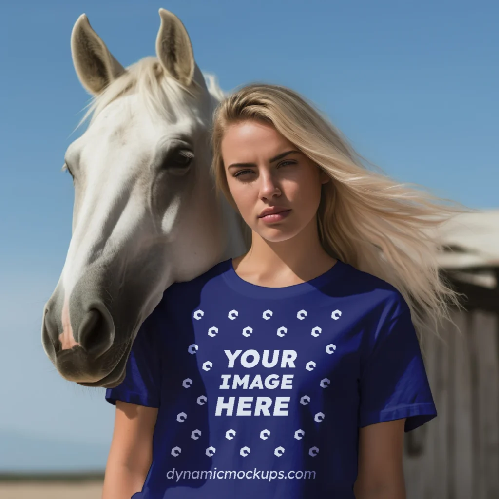 Woman Wearing Navy Blue T-shirt Mockup Front View Template