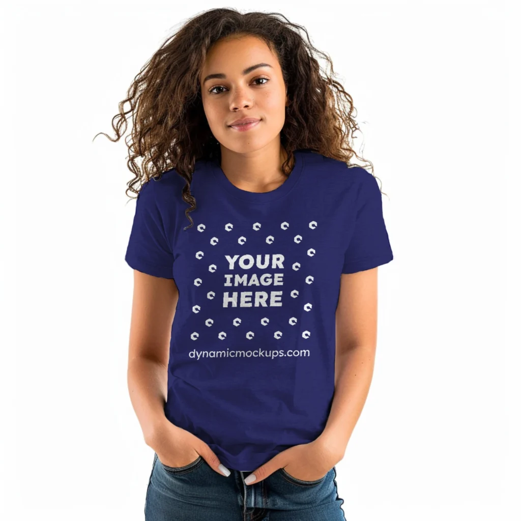 Woman Wearing Navy Blue T-shirt Mockup Front View Template