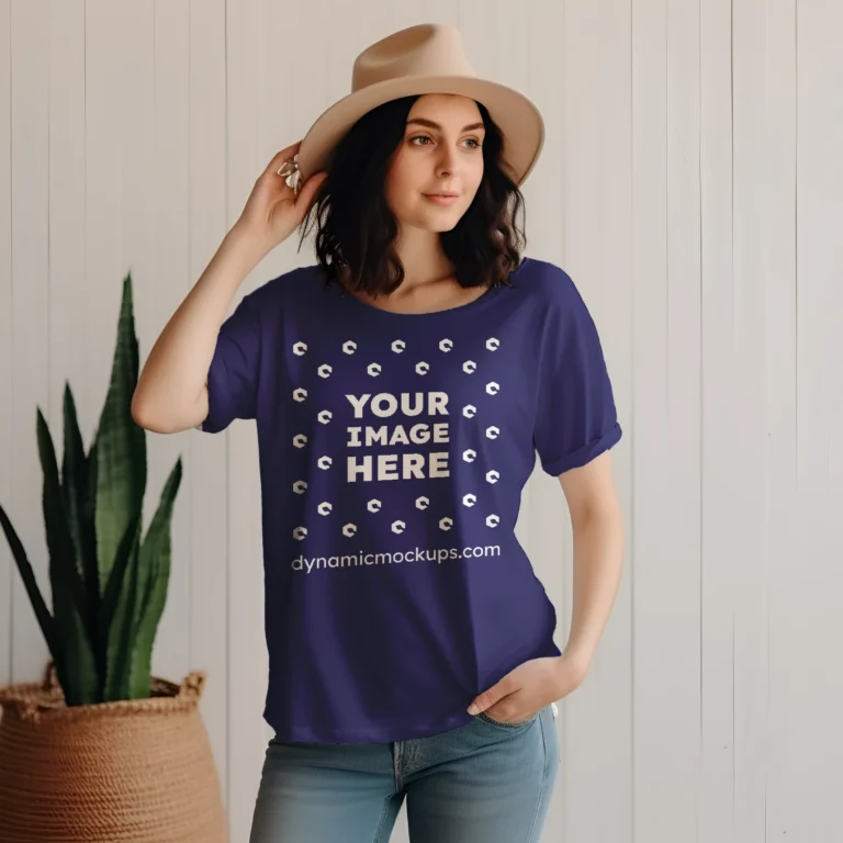 Woman Wearing Navy Blue T-shirt Mockup Front View Template