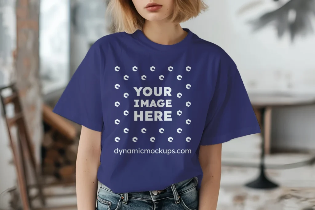 Woman Wearing Navy Blue T-shirt Mockup Front View Template