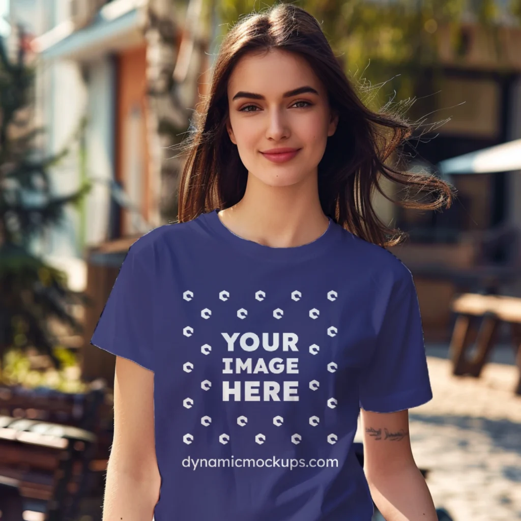 Woman Wearing Navy Blue T-shirt Mockup Front View Template