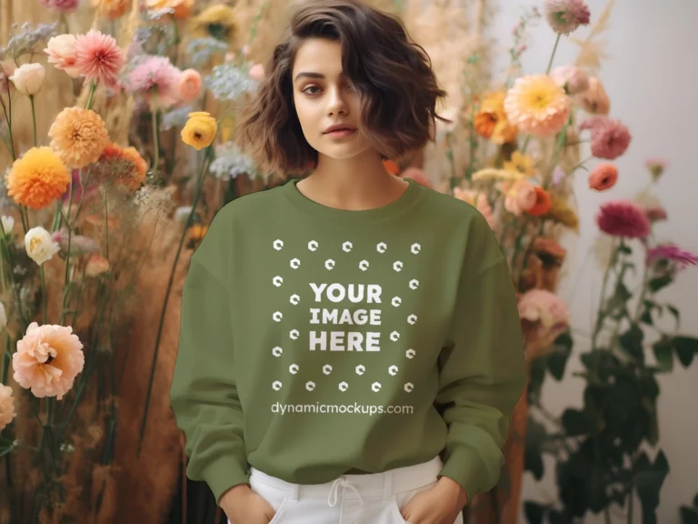 Woman Wearing Olive Green Sweatshirt Mockup Front View Template