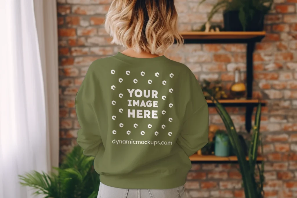 Woman Wearing Olive Green Sweatshirt Mockup Back View Template