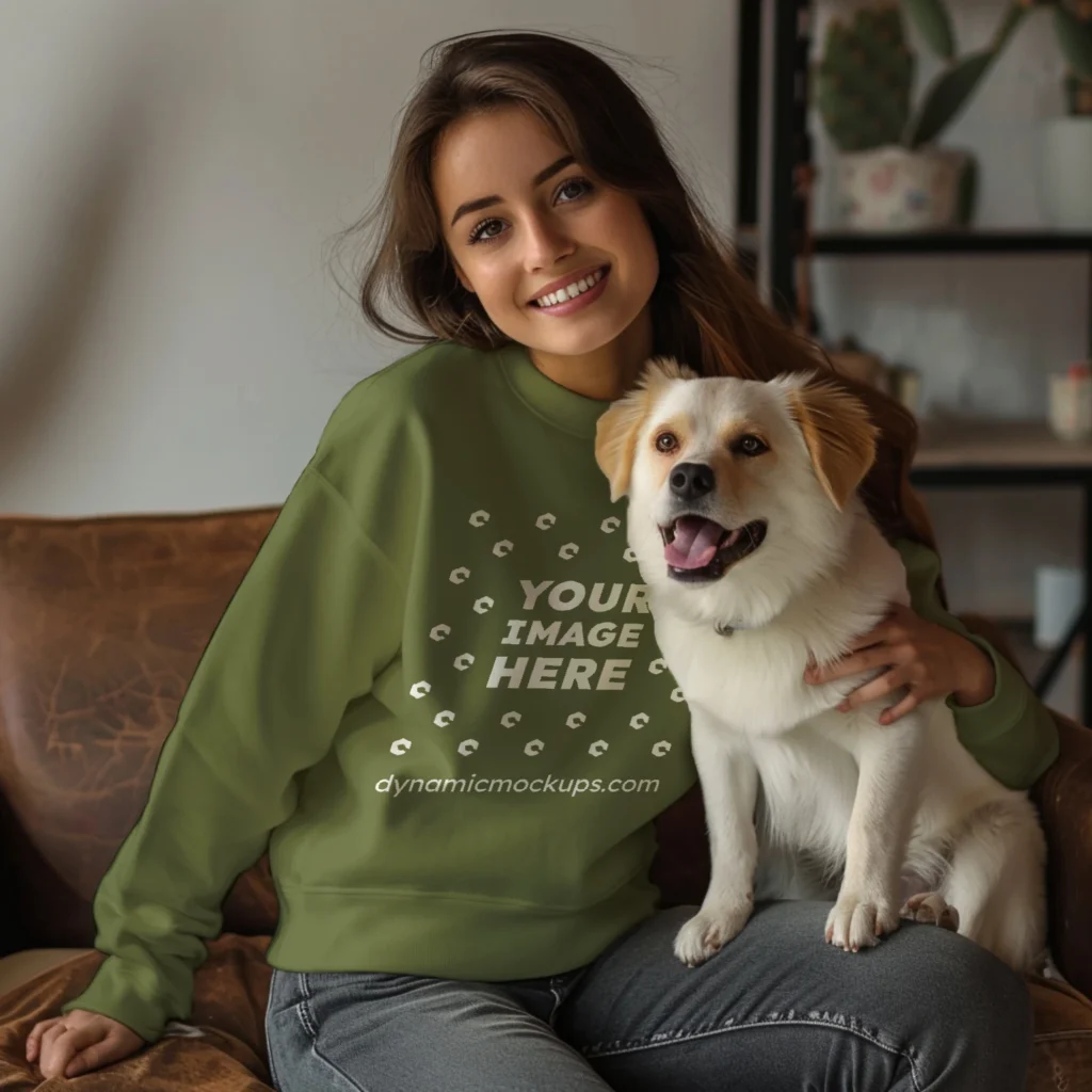 Woman Wearing Olive Green Sweatshirt Mockup Front View Template