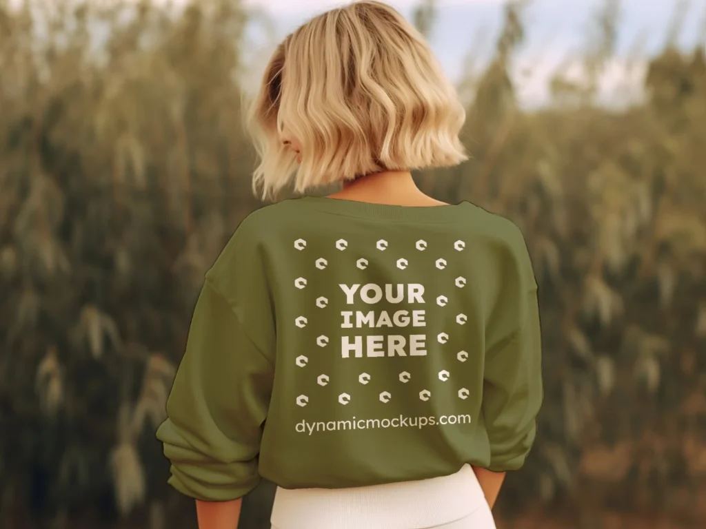 Woman Wearing Olive Green Sweatshirt Mockup Back View Template