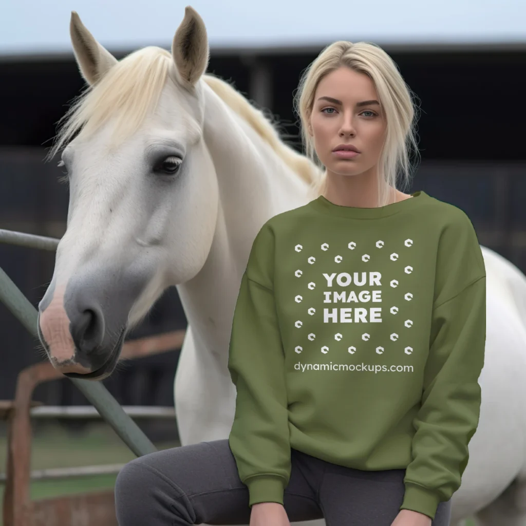 Woman Wearing Olive Green Sweatshirt Mockup Front View Template