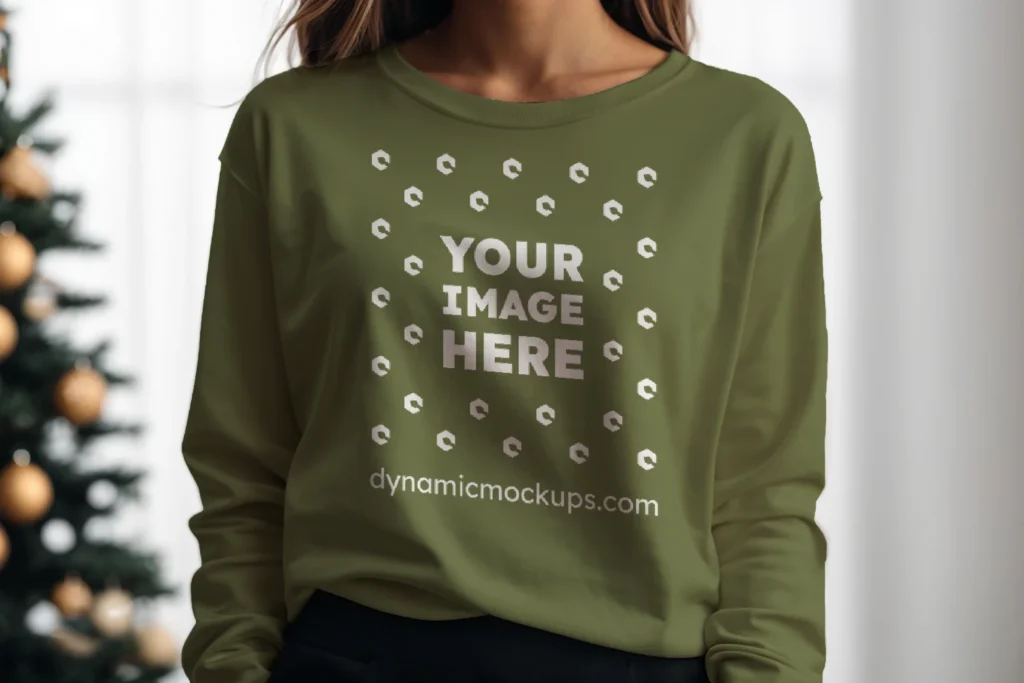 Woman Wearing Olive Green Sweatshirt Mockup Front View Template