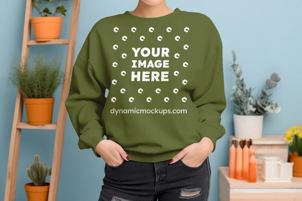 Woman Wearing Olive Green Sweatshirt Mockup Front View Template