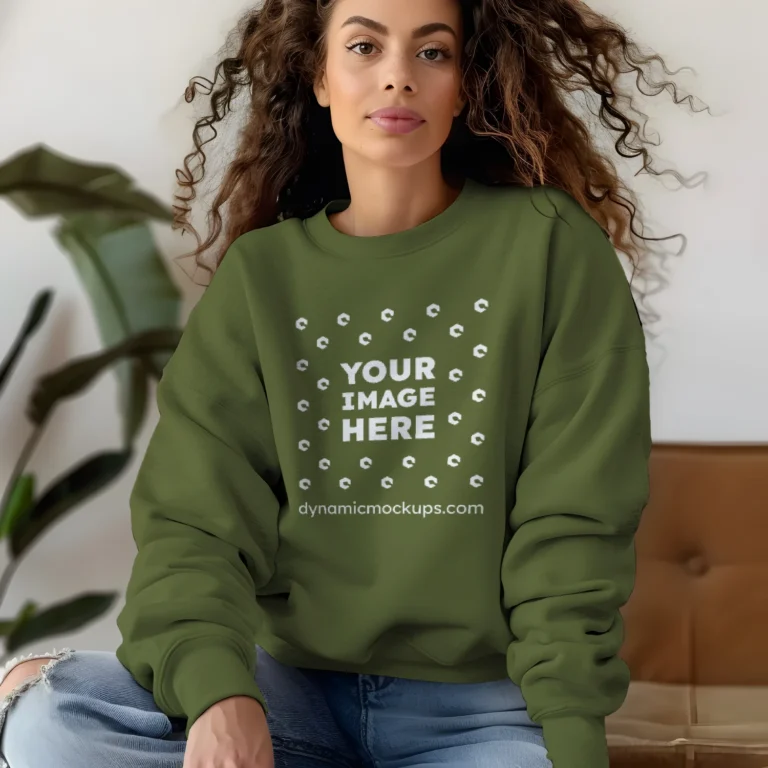 Woman Wearing Olive Green Sweatshirt Mockup Front View Template