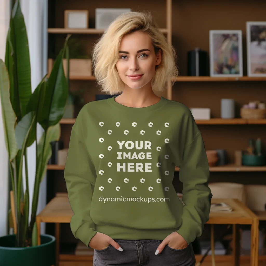 Woman Wearing Olive Green Sweatshirt Mockup Front View Template