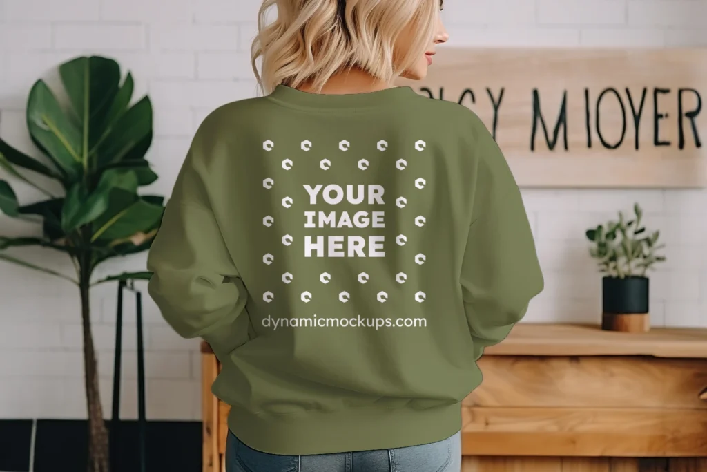 Woman Wearing Olive Green Sweatshirt Mockup Back View Template