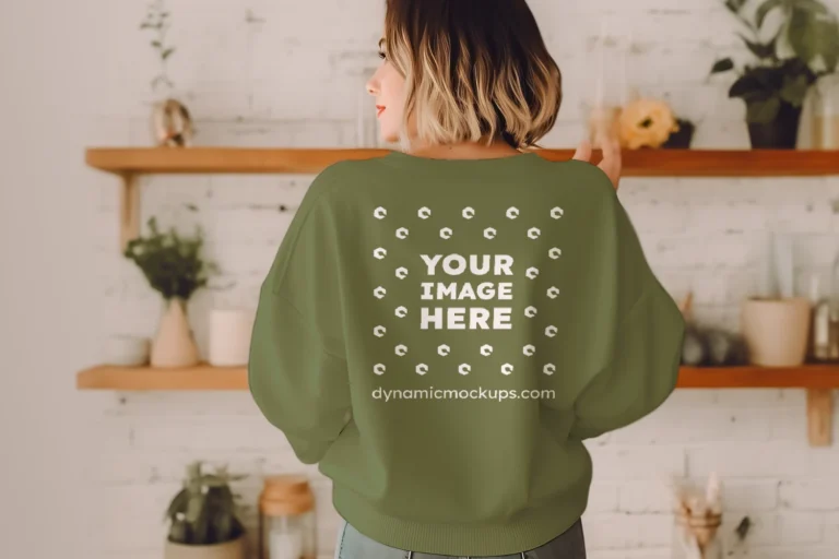 Woman Wearing Olive Green Sweatshirt Mockup Back View Template