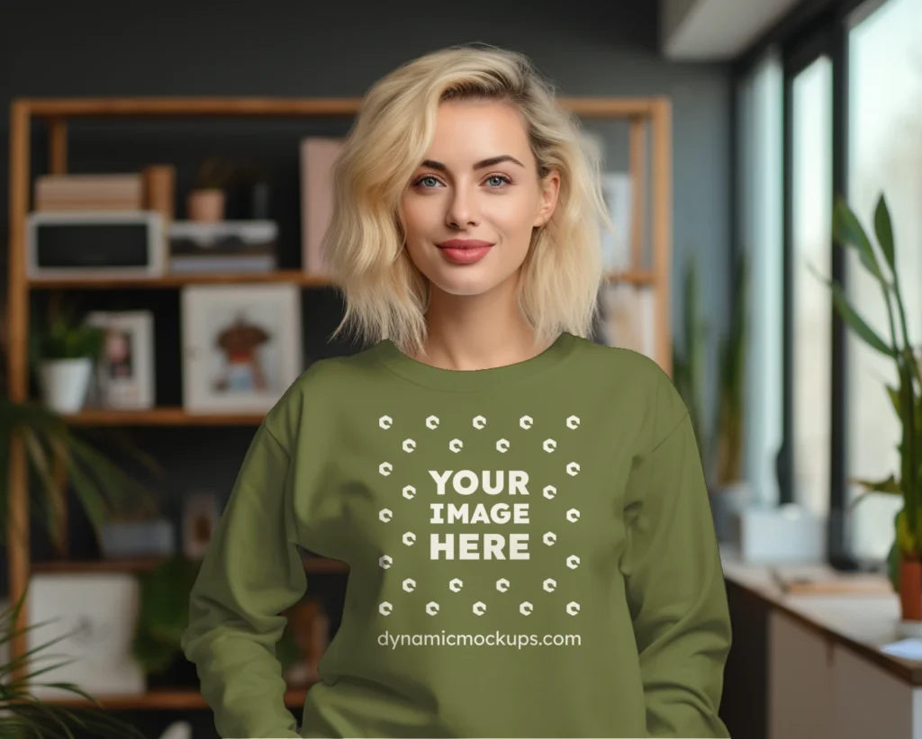 Woman Wearing Olive Green Sweatshirt Mockup Front View Template