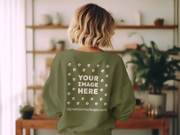 Woman Wearing Olive Green Sweatshirt Mockup Back View Template