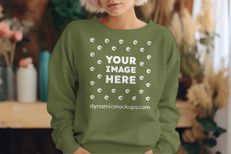 Woman Wearing Olive Green Sweatshirt Mockup Front View Template