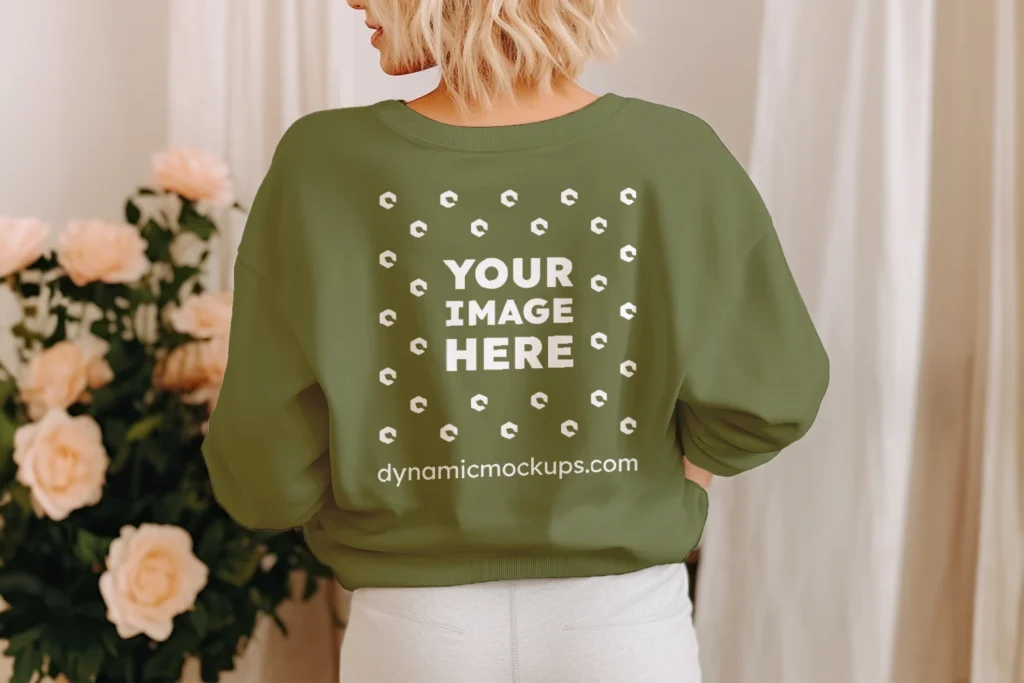 Woman Wearing Olive Green Sweatshirt Mockup Back View Template