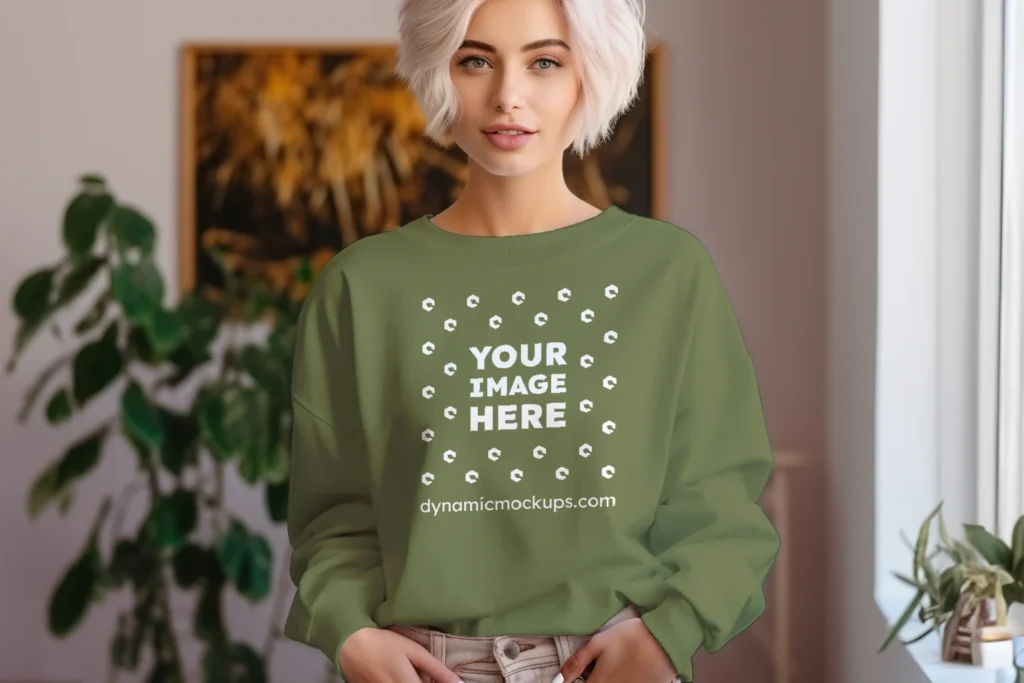 Woman Wearing Olive Green Sweatshirt Mockup Front View Template