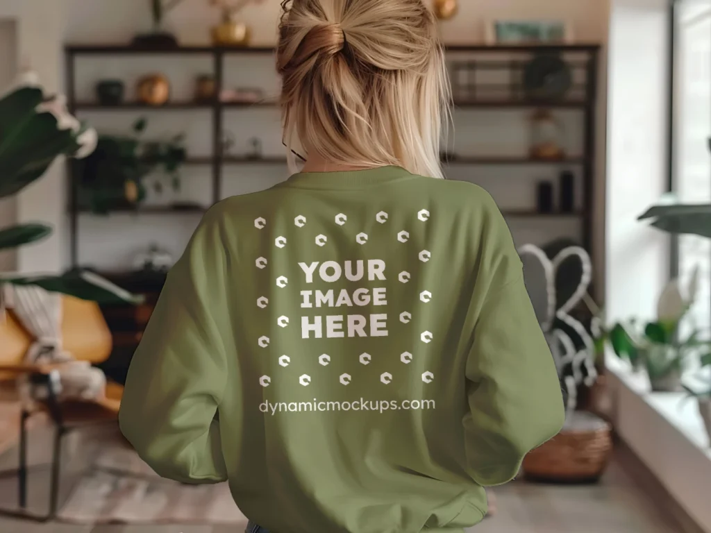 Woman Wearing Olive Green Sweatshirt Mockup Back View Template