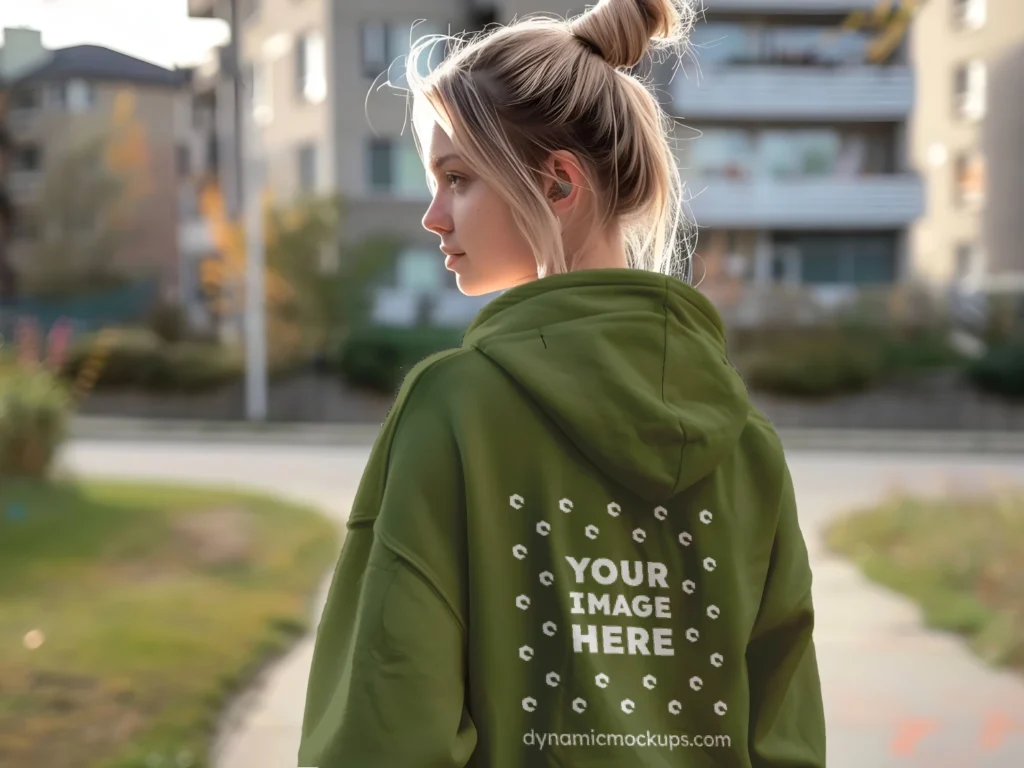 Woman Wearing Olive Green Hoodie Mockup Back View Template