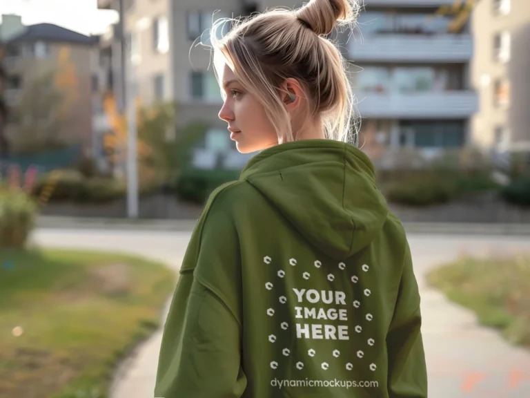 Woman Wearing Olive Green Hoodie Mockup Back View Template