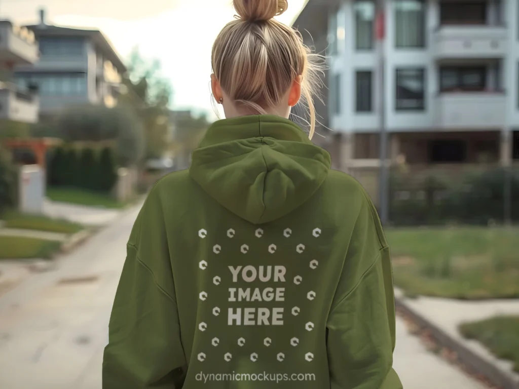 Woman Wearing Olive Green Hoodie Mockup Back View Template