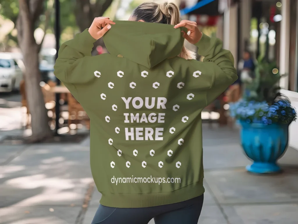 Woman Wearing Olive Green Hoodie Mockup Back View Template