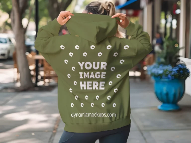 Woman Wearing Olive Green Hoodie Mockup Back View Template