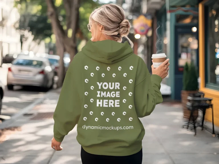 Woman Wearing Olive Green Hoodie Mockup Back View Template