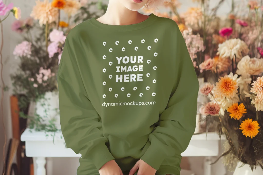 Woman Wearing Olive Green Sweatshirt Mockup Front View Template