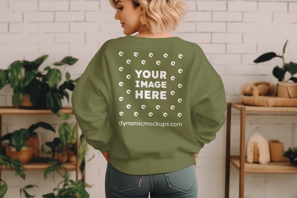 Woman Wearing Olive Green Sweatshirt Mockup Back View Template