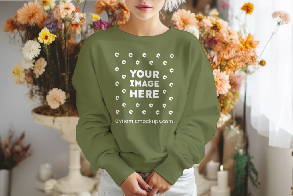 Woman Wearing Olive Green Sweatshirt Mockup Front View Template