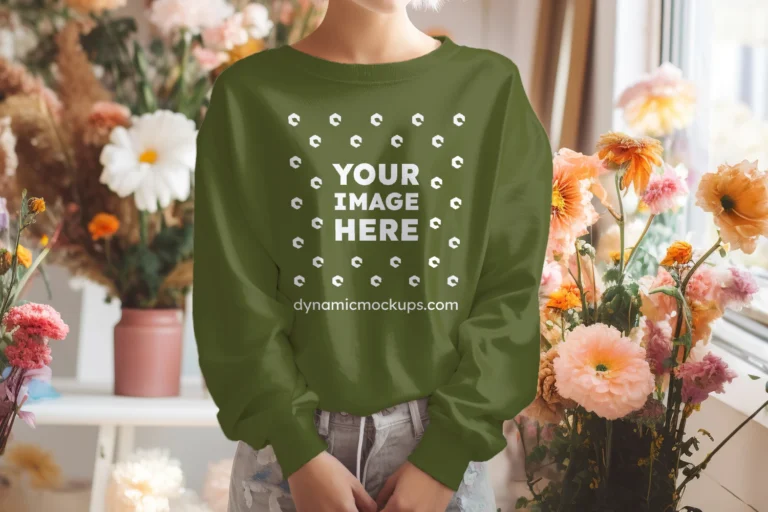 Woman Wearing Olive Green Sweatshirt Mockup Front View Template