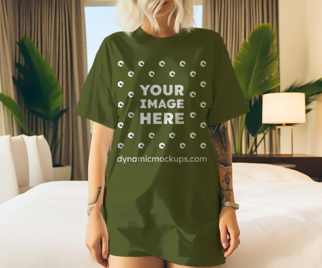 Woman Wearing Olive Green T-shirt Mockup Front View Template