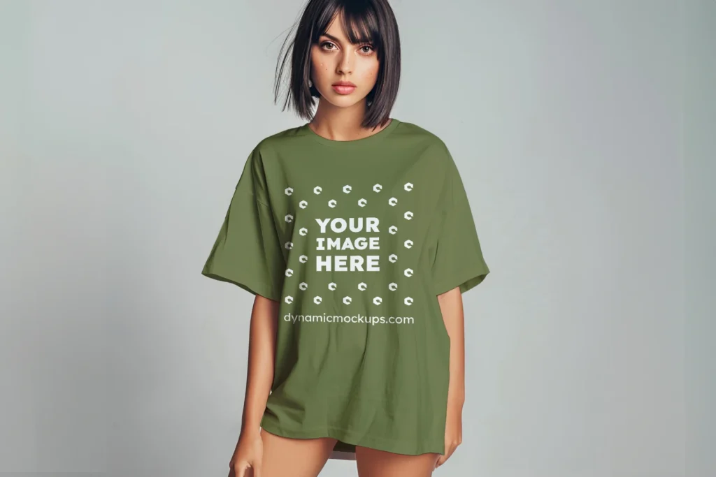 Woman Wearing Olive Green T-shirt Mockup Front View Template